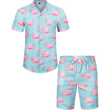 Herr Hawaiian skjorta och shorts set Regular Fit kortärmad casual funky strand flamingo skjorta s