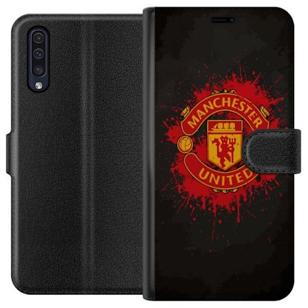 Kompatibelt Lommeboketui til Samsung Samsung Galaxy A50 Manchester United logo i rød og gul farge med røff sportslig bakgrunn