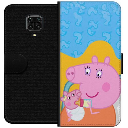 Kompatibel Tegnebogsetui til Xiaomi Redmi Note 9 Pro Peppa Gris familie motiv med mor gris, far gris og venner, farverig tegnet børnebillede