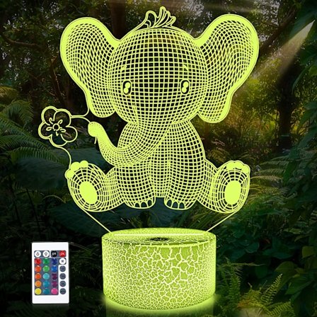 JUSTUP Elefant Natlampe 3D Illusion Lys Dyr Lampe 16 Farver Skiftende med Fjernbetjening Børneværelse Dekoration Ferie Fødselsdagsgaver til Drenge 