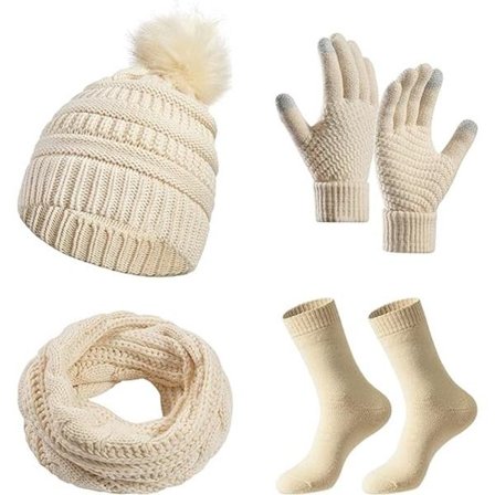 Skjerf, damehatt, hansker, sokker, vinterfleecefôr, hatt, varm og vindtett, halsvarmer, myk strikk, berøringsskjermhansker, aprikos)