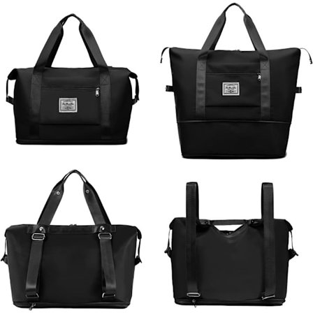 Dametasker Udvidbar Rejsetaske med Vognmuffe, Weekend Overnatning Hospitalstaske med Dobbelte Skulderstropper, Håndbagage Sort-ny