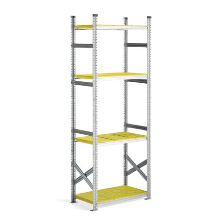 Reol, grunnseksjon med gule plasthyller, 2500x900x500 mm