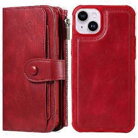 KT Multifunktionel Serie-3 Kompatibel Til iPhone 14 Lynlåslomme Telefon Cover Retro PU Læder Aftagelig Indre TPU Stand Telefon (Rød)