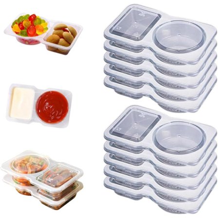 10 STK Genanvendelige Snackbeholdere med 2 Rum og Hængslet Låg, Klar Plastik Bærbar til Snacks, Krydderier, Opbevaring af Mad