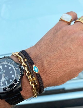 Nialaya Men's Black String Bracelet With Gold Evil Eye - Black - L 18 cm