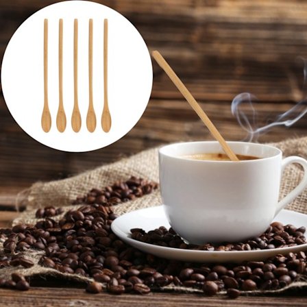 5 stk. Træskeer Ovale Letvægts Komfortable Greb Langskaftede Skeer Sæt til Kaffe Te Sukker Omrøring