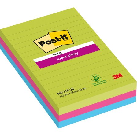 3M Post-it Super Sticky 101 x 152 mm Farvemix Linjeret 3-pak