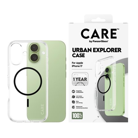 PanzerGlass CARE iPhone 17 Urban Explorer deksel (gjennomsiktig/sort) Slankt, men sterkt, MagSafe-kompatibel, laget av resirkulerte materialer