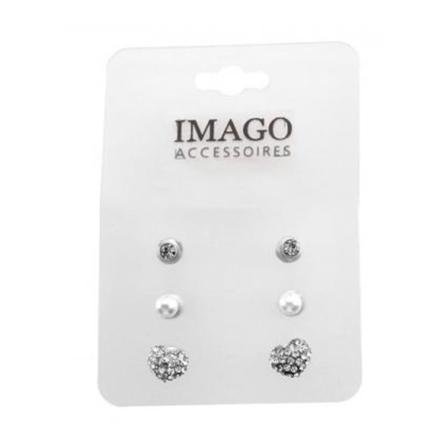 3 par Stud Silver Örhängen - Enkla Rhinestones, Pärla & Hjärta Silver