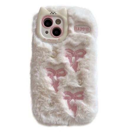 iPhone 15-fodral 3D Bow Design Pearl Accents Fuzzy Winter Flexibelt mobilskal - Vit