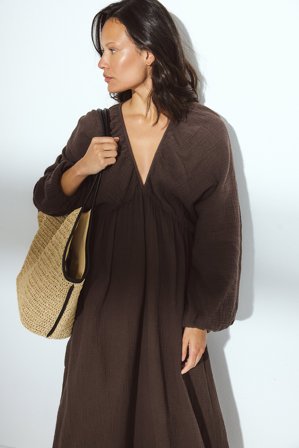 NA-KD Robe mi-longue en coton doux à encolure en V - Robes d'Automne - Marron - EU 36