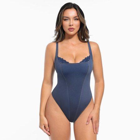 Popilush Basic Faux Læder Korset Top Støttende Shapewear Bodysuit Undertøj Blondekant Mavekontrol Bustier Ærmeløs #WarmUpForHolidays M