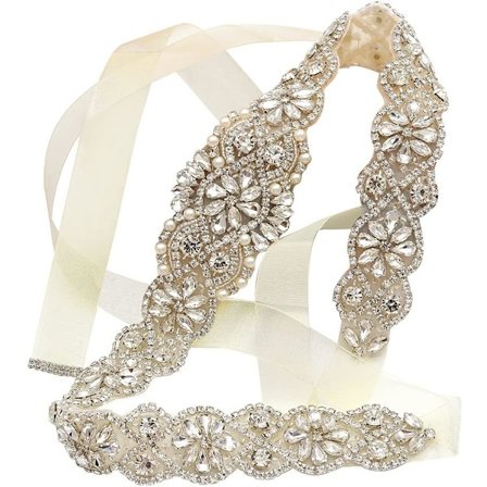 Brudebelte med håndlagde rhinestones, bryllupsbelte, klar krystall, 56 cm langt med hvitt organzabånd for brudekjole
