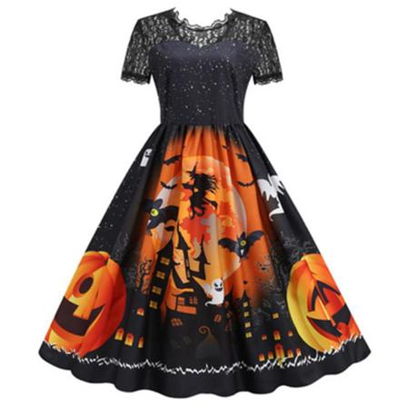 Halloween Woman's Lace Stitching Big Swing Kortärmad Klänning