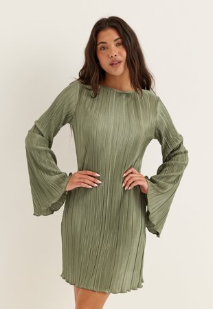 BUBBLEROOM - Short Pleated Frill Dress - Light khaki green