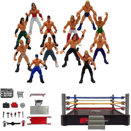 WWE Mini Wrestling Figursett, Brytere Warriors Lekefigurer med Kvadratisk Ring & Tilbehør, Morsomme Miniatyr Kampfigurer Gave Høy Kvalitet