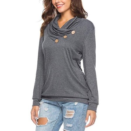 Naisten rento T-paita pitkähihainen nappi Cowl Neck Tunika Paita Topit B