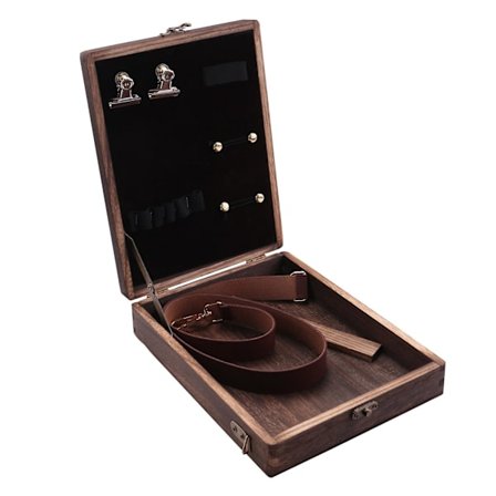 Skrivbordsväska i trä med gångjärnslock, träväska med axelväska med locklås, utomhusskiss