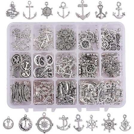 15 Stilar Nautiska Ankerberlocker 150st Anker Rorkultingar Tibetansk Legering Skeppsrathjul Berlocker Pärlor för Sommar Män DIY Armband Halsband 