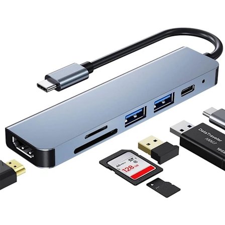 USB C-hub til MacBook Pro, 6-i-1 adapter med 4K HDMI, USB 3.0, SD/TF-læser & 87W PD