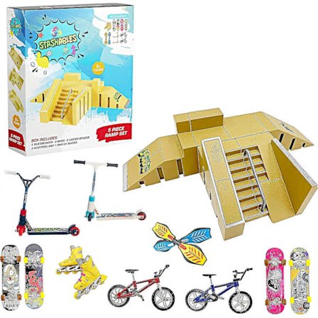 STASHABLES Finger Skateboard Rampe Sæt Finger Skatepark Kit 16 Dele Skate Park Kit Inklusive Skateboards, Ramper, Scootere