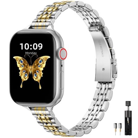 Metalliranneke yhteensopiva Apple Watch 42/44/45/49mm kanssa, säädettävä iWatch Series 9 8 7 6 5 4 3 2 1 SE 2/1 Ultra 2/1, Hopea/Kulta