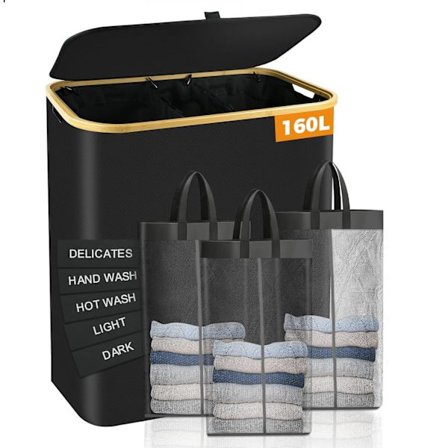 Pyykkikori 160L kannella – 3-osainen pyykinlajittelija 5 etiketillä, erittäin suuri pyykkikori makuuhuoneeseen ja kodinhoitohuoneeseen