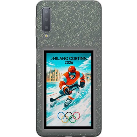 Kompatibelt Mobildeksel til Samsung Galaxy A7 (2018) Curlingillustrasjon med spillere og stein på is, Milano Cortina 2026, snøsprut og olympiske ringe