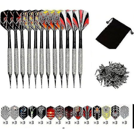Dartsett, 12 pakker myke piler med myke spisser for elektronisk dartbrett med ekstra 42 dartvinger og 100 svarte plastpilspisser -gt