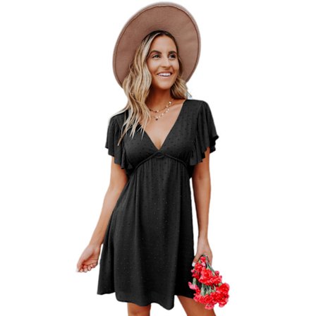 Dam V-ringad volangklänning sommar sexig böljande prickig kort fjärilsärm strandklänningar --- Svart (Storlek XL)