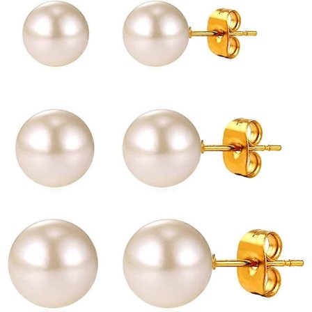 Damklippörhängen med pärlor, handplockade 18k guldpläterade runda vita sötvattenspärlor, set med 5 mm, 7 mm och 9 mm (B: Guld 5 mm, 7 mm, 9 mm set)