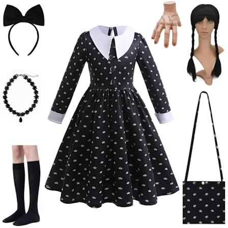 Wednesday Addams jenter 3-12 år gammel gotisk stil Wednesday rollespill kostyme barn Halloween festkjole 120c-WELLNGS 120cm Addams A4