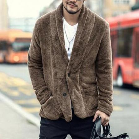 Män Långärmad Fleece Fuzzy Jacka Knappar Med Fickor Ytterkläder
