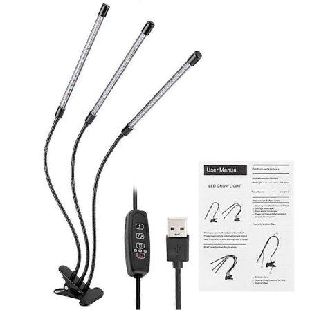 30W USB Fleksibel 3-Rørs LED Plantelys Fullspektrum Clip-on for Innendørsplanter
