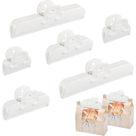 ING Ziplock Clips, 6-pak med poseklemmer, hvide madklemmer, 3 størrelser, genanvendelige ziplock-klemmer til snacks, nødder, kaffe