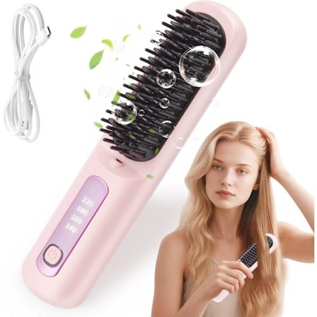 Bærbar Trådløs Glattebørste - Hurtig Opvarmning Hårglatter & Varm Kam for Glat Styling, Rejsevenlig med Pink Finish