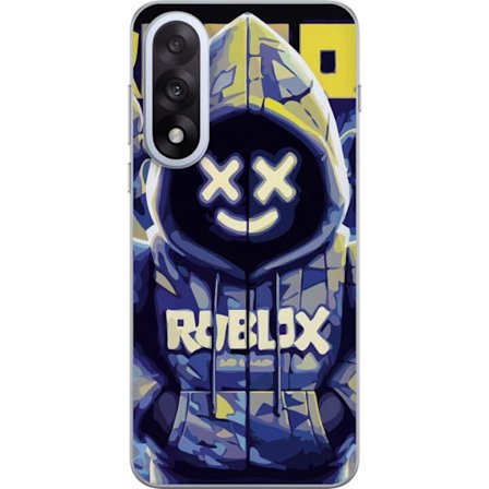 Kompatibelt Mobildeksel til Motorola OnePlus Nord 5 Blågul Roblox hettegenserfigur med minimalistisk neonstil og masket ansikt, moderne spillillustra