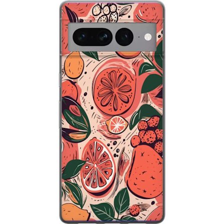 Yhteensopiva Puhelinkuori Google Pixel 7 Pro Käsin piirretty kollaasi sitrushedelmistä, lehdistä ja marjoista lämpimässä vaaleanpunaisessa ja or