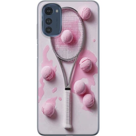 Kompatibel Mobilcover til Motorola Motorola Moto E32s Rosa glaskugler og tennisketsjer i et kreativt stillbillede med legende popfølelse og moderne d
