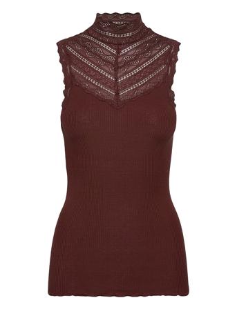 Silk Top W/ Lace T-shirts & Tops Sleeveless Brun Rosemunde*Betinget Tilbud