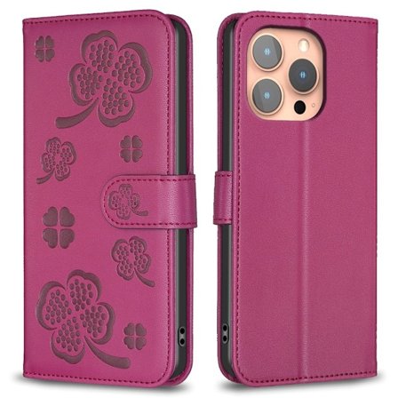 iPhone 16 Pro Fodral Fyrklöver Läder Vinröd