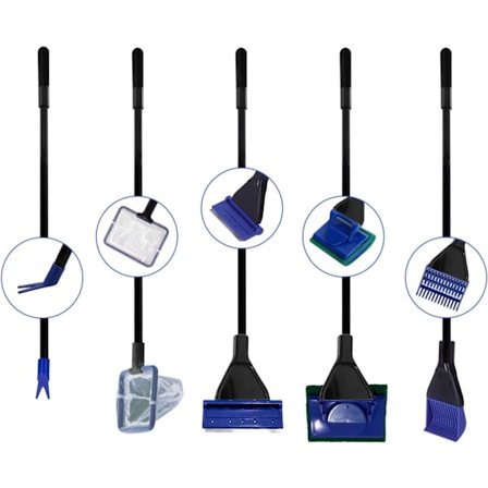 5 i 1 Akvarium Rengöringsset, Glas Akvarium Rengöringsverktyg - Håv, Gräv Rake, Alger Skrapa (Rostfritt Stål), Växt Gaffel, Rengöringssvamp