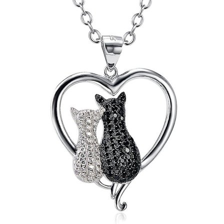 Katthalsband för kvinnor 925 Sterling Silver Svart Tvåfärgad Cubic Zirconia Dubbel Katt Hängsmycke Halsband Smycken Rolo Kedja, Evigt Kärlek Hjärta 