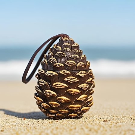 En kreativt designet opbevaringsboks formet som en fyrrekogle med hængslet låg.