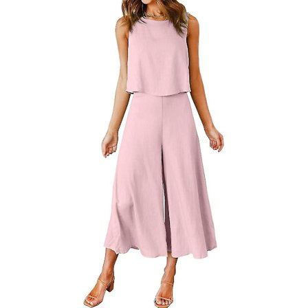 Roylamp Naisten Kesän 2-osainen Asu Pyöreäkauluksinen Lyhyt Perus Toppi Lyhennetyt Leveälahkeiset Housut Setti Haalarit