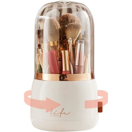 Sminkborsthållare med lock, 360° roterande dammtät sminkborstorganisatör, kosmetikaförvaring för sminkbord och badrum, pärlvitt