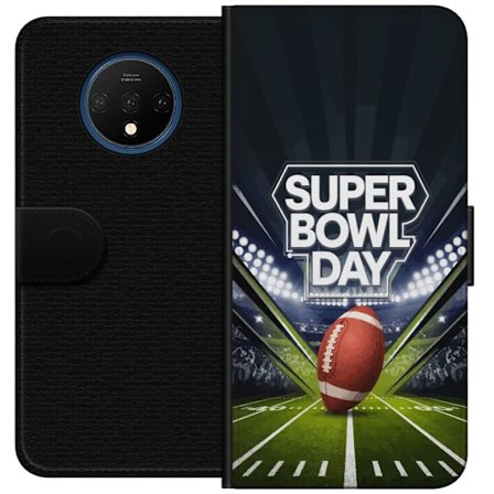 Kompatibel Tegnebogsetui til OnePlus 7T Super Bowl Day plakat med amerikansk fodbold på oplyst arena i dramatisk sportsdesign