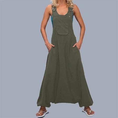 Halter Jumpsuit för kvinnor Ärmlösa Haremsbyxor Sidoficka Lös Arbetskläder Långa Jumpsuits Casual Tyg Vintage Damkläder Green L