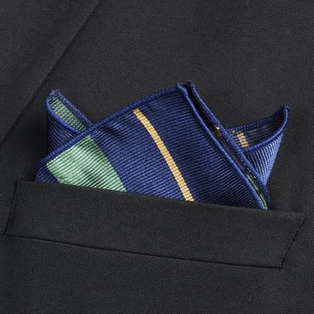 Pañuelo de bolsillo de seda azul marino con rayas verdes y doradas para hombres - Pañuelos de bolsillo estampados